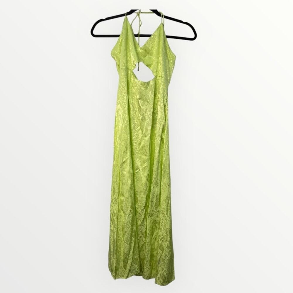 AFRM Radish Dress in Lime Green Snake Jacquard Midi Halter Front Cutout Slip NWT - Picture 4 of 16